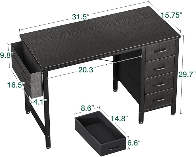 Casaottima 32-Inch Small Computer Desk with 4 Fabric Drawers — Home Office Desks with Storage, Writing Desk with Side Hook and Cloth Bag, Modern Study/Work Table for Bedroom and Small Space, Black