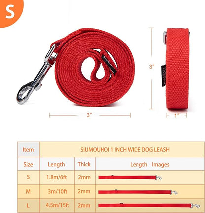 Strong Durable Nylon Dog Training Leash, 1 Inch Wide Traction Rope, 6 ft 10ft 15ft Long, for Small and Medium Dog (Red, 6 Feet)