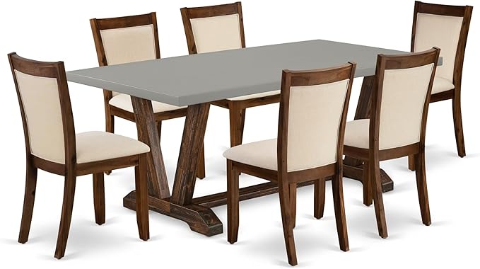 East West Furniture V797MZN32-7 7 Piece Modern Dining Table Set Consist of a Rectangle Wooden Table with V-Legs and 6 Light Beige Linen Fabric Parsons Dining Chairs, 40x72 Inch, Multi-Color