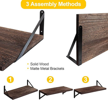 SAUMONIERES Floating Shelves Wall Bookshelf for Bedroom Bathroom Living Room Wood Wall Mounted Wide Deep Storage, Rustic Brown 24 Inch Wall Shelves Set of 2