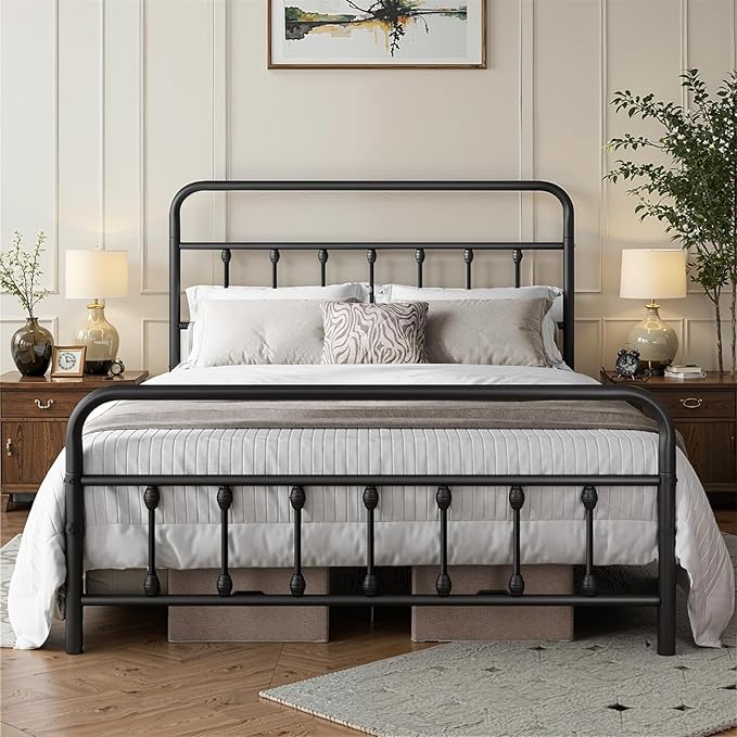 Queen Bed Frame-Classic Metal Platform Bed Frame Mattress Foundation with Victorian Style Iron-Art Headboard/Footboard/Storage Space/No Box Spring Needed/Black