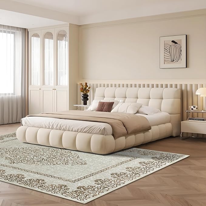 Easy-Going Area Rug 6x9 Washable Boho Neutral Rugs for Living Room Non-Slip Bedroom Rug Low Pile Lightweight Floral Brown Print Vintage Throw Rug for Dining Room Bathroom Kitchen Home Office Carpet