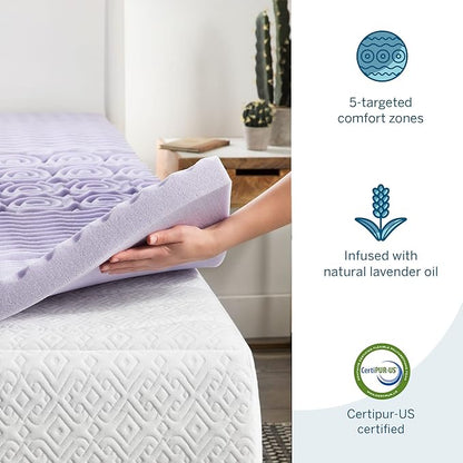 Lucid Lavender Infused 2 Inch Memory Foam Mattress Topper - Twin Size - Plush Feel - 5 Convoluted Zones - CertiPUR Certified - New Home Owner & Dorm Room Essentials