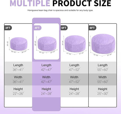 Homguava 4 FT Bean Bag Chair,4' Big Bean Bag,Large Bean Bag Chairs for Adults with Memory Foam Filled,Comfy Beanbag Chairs Soft Bean Bag Sofa with Dutch Corded Plush Cover-Purple