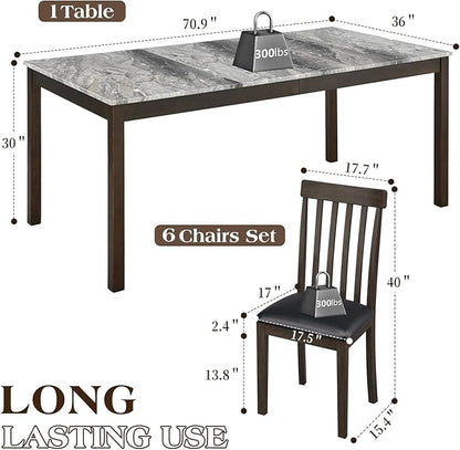 7-Piece Dining Table Set, 71" Faux Marble Kitchen Table with 6 Chairs, Solid Wood Curved Backrests & PU Cushioned Seats, Kitchen Table Chairs Set for Living Room, Dining Room
