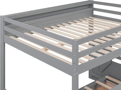 Full Size Wood Bunk Bed with Storage Staircase, Bedside Table, and 3 Drawers,Convertible Down BedFrame,No Box Spring Required,for Kids Boys Girls Teens, Gray