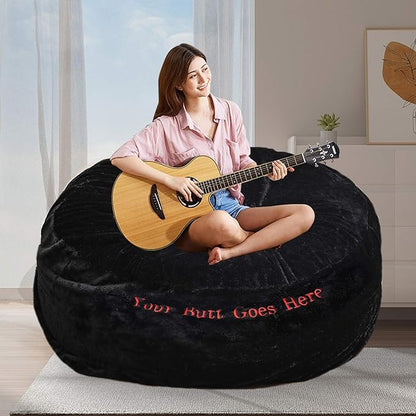 BCU 6FT Bean Bag Chair for Adults and Kids Without Filler Giant Stuffed Animal Storage Cover Soft Faux Fur Floor Chair Cover Patterns Embroidered for Bedroom Living Room, Black