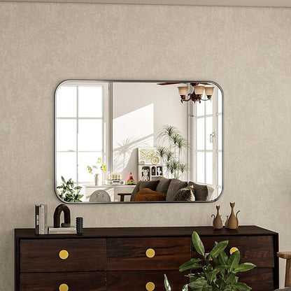 26x38 Inch Bathroom Mirror - Wall Mounted Vanity Mirror with Round Corner Aluminum Alloy Frame, Hanging Horizontally Vertically for Living Room, Bedroom, Hallway as Home Decor, Black