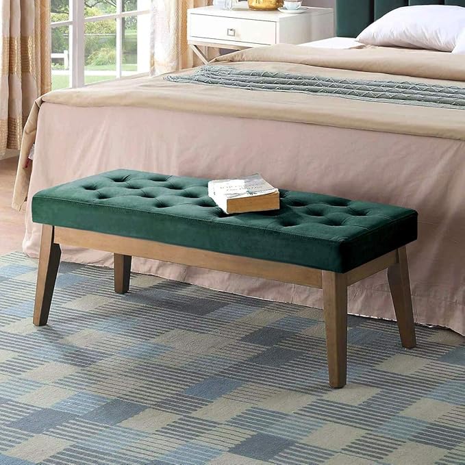 24KF Velvet Upholstered Buttons Tufted Entryway Bench with Solid Wood Leg,Bed Bench Ottoman with Padded Seat,5034-Jade