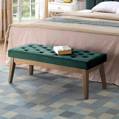24KF Velvet Upholstered Buttons Tufted Entryway Bench with Solid Wood Leg,Bed Bench Ottoman with Padded Seat,5034-Jade