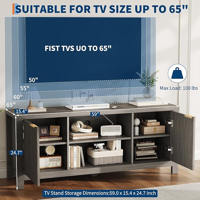 59" TV Stand for TVs Up to 65 Inches, Mid Century Modern TV Entertainment Center with Storage Cabinets & Open Shelves, Wood TV Cabinet for Living Room, Gray Oak