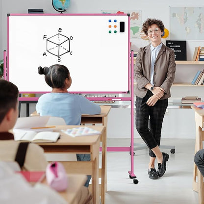 Rolling Whiteboard, 48x32 Inches Dry Erase Board with Stand, Large Mobile Whiteboard on Wheels, Standing White Board for Office, School, Home, Magnetic Double Sided White Board with Paper Pad