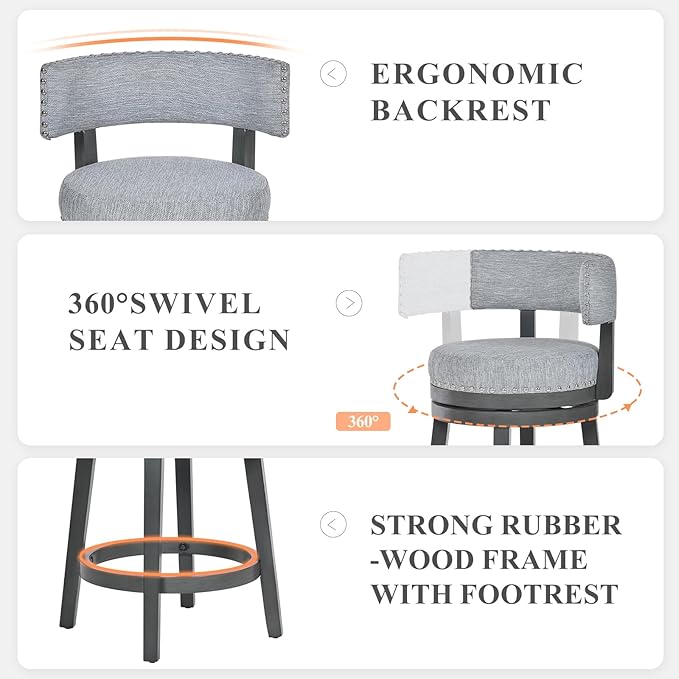COLAMY Swivel Counter Height Bar Stools Set of 1, 25 Inch Modern Upholstered Kitchen Island Barstools with Back, Wood Swivel Bar Chairs for Counter Bar Dining Room, Grey