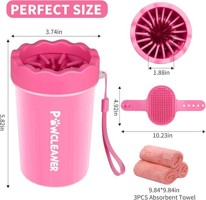 Professional 7 in 1 Dog Paw Cleaner for Dogs & Cats - Includes 1 Portable Paw Washer, 1 Bath Brush, 2 Dog Toothbrushes and 3 Absorbent Towels Note: Fits Paws 1.5 to 2.5 Inches Wide (Medium, Pink)