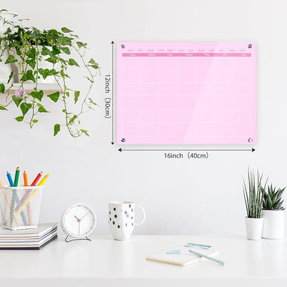 Acrylic Calendar Dry Erase Board for Wall,15.7''x11.8'',Pink Monthly Calendar Whiteboard for Home,Office, School