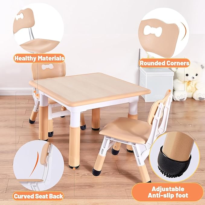 FUNLIO Adjustable Kids Chair (1pc), 3 Level Height Adjustable Toddler Chair for Ages 3-8, Sturdy Child Chairs with Maximum Bearing 220lbs, for Classrooms/Daycares/Homes, CPC & CE Approved - Natural