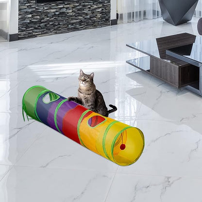 Cat Tunnel and Cube Pop Up Collapsible Kitten Indoor-Outdoor Toys - 3 Way or 1 Way Cat Tube for Cats, Kittens, Rabbits (Rainbow)