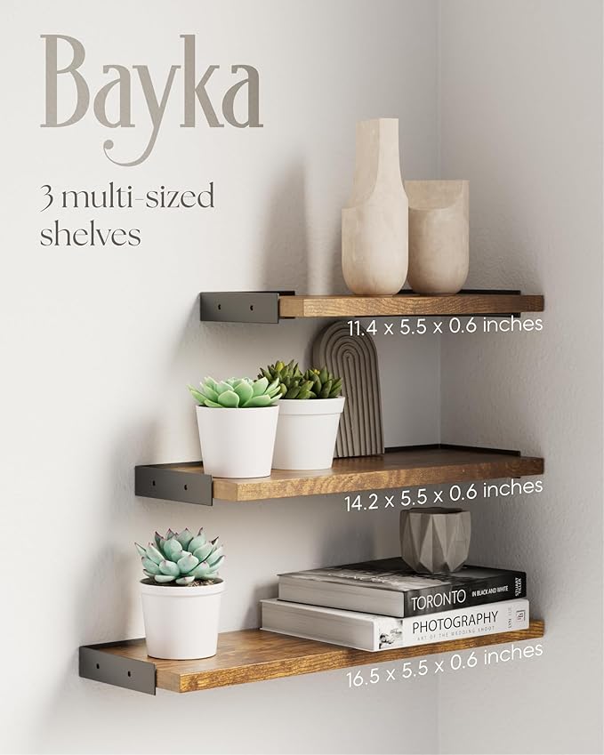 BAYKA Wall Shelves for Bedroom Decor, Floating Wall Shelves for Living Room Kitchen Storage, Wall Mounted Rustic Wood Floating Shelves for Kids Books,Corner Shelves for Bathroom(Set of 3)