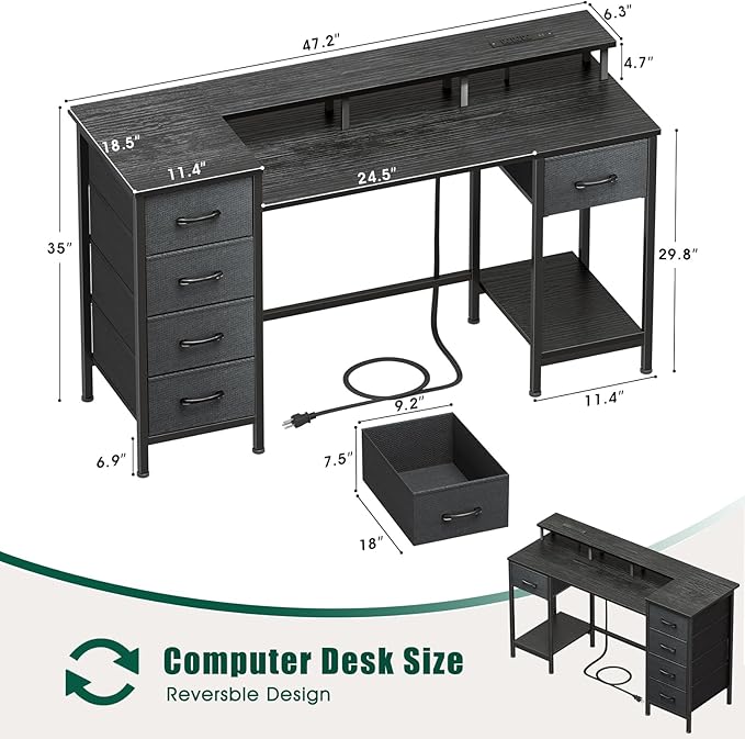 47 Inch Computer Gaming Desk with Power Outlets & LED Lights Reversible Home Office Desk with Adjustable 5 Fabric Storage Drawers for Working Writing Study, Black