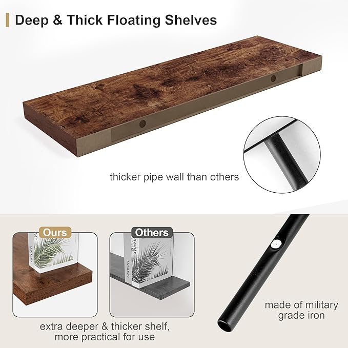 Heimlove Bathroom 12'' Deep Floating Shelves for Wall - Shelf Over Toilet Wall Mounted Farmhouse 24 inches,Wood Floating Shelves Decor & Storage Set of 1,Rustic Brown