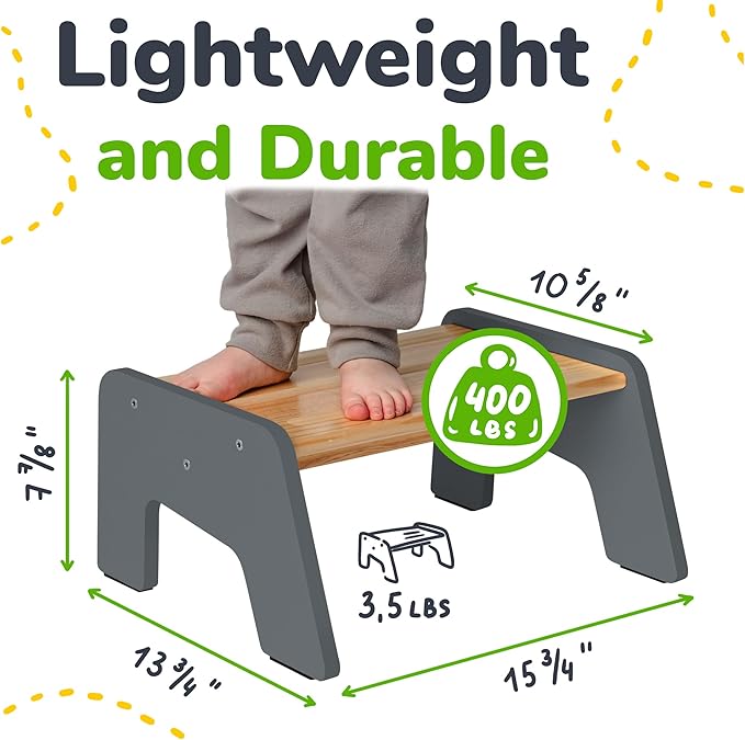 1-Step Wooden Step Stool for Toddlers | Kids Step Stool for Bathroom Sink, Kitchen, and Potty Training | Non-Slip Stool for Toilet Independence | Wooden Step for Children Ages 2+ Gray