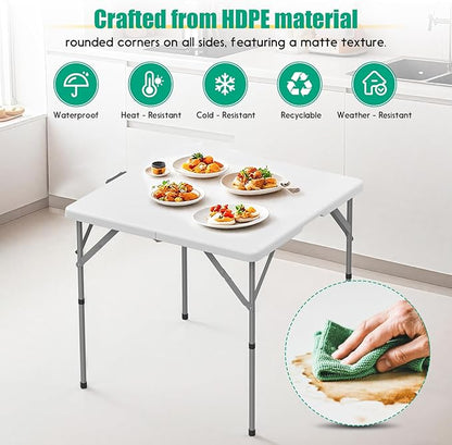 HLPB 34'' Square Folding Card Table 2 Pcs, Fold-in-Half Portable Dining Table with Handle and Safety Lock, Foldable Plastic Dining Table Indoor Outdoor for Camping, Picnic and Party Event, White