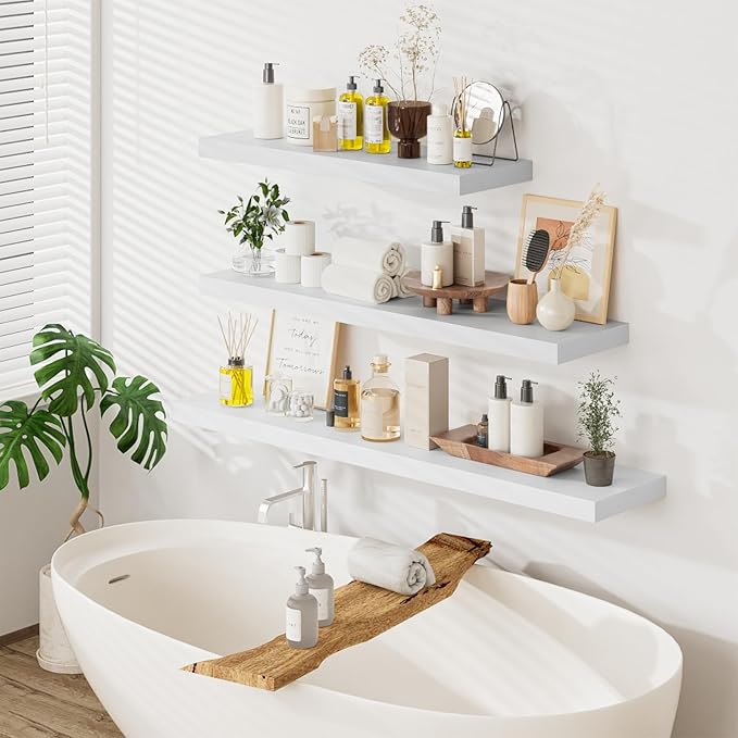 Heimlove 48W x 12D Long Floating Shelf, 12 Inch Deep White Floating Shelves for Wall Set of 2, Wood Shelves for Bedroom Living Room Bathroom Kitchen Home Office, Wall Shelves with Heavy Duty Bracket