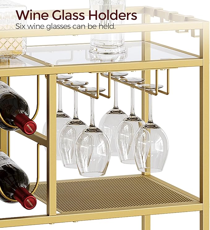 Bar Cart for Home, 3-Tier Serving Cart with Wheels and Handle, Beverage Cart with Wine Rack and Glass Holders, Rolling Wine Cart for Kitchen, Dining Room, Gold RCJ61B01