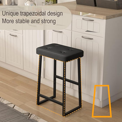 Bar Stool, Kitchen Island Chairs,Counter Height Bar Stools, Modern Synthetic Leather with Stitching, 26 inches high, for Kitchen/Family Restaurant/Dining Room/Farmhouse, Black