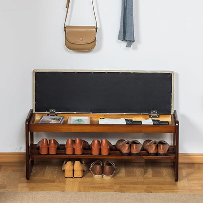 Solid Wood Shoe Bench, 2-Tier Entryway Bench with Cushion and Flip-Open Storage Box, Mid-Century Modern Shoe Bench Rack for Hallway, Mudroom(Gray, 39.4'')
