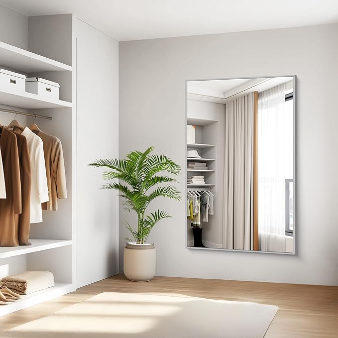 KOCUUY Silver Bathroom Mirror, 55"x36" Large Rectangle Bathroom Mirror for Wall, HD Tempered Glass, Anti-Rust Brushed Silver Frame, Modern Design for Bathroom, Bedroom, Hang Horizontal/Vertical