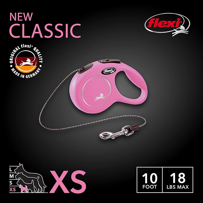 FLEXI New Classic Cord Retractable Dog Leash for X-Small Dogs up to 18 lbs. – 10 ft., Pink | Tangle-Free Pet Walking Leash with One-Handed Brake, Pause, Lock|German Quality Product
