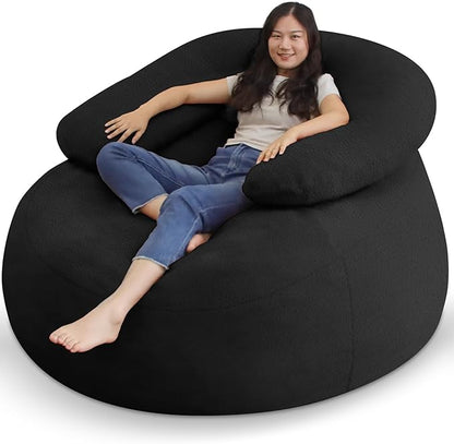 HABUTWAY Bean Bag Chair with U-Shaped Pillow for Adult and Kids Big BeanBag Chair with Filling Ultra Soft Faux Fur Couch Chair with Washable Cover for Living Room Bedroom Office, Black & Black