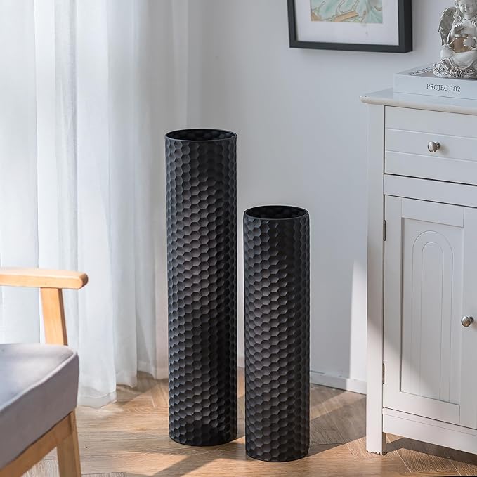 Sziqiqi Black Tall Floor Vase: 27.6/21.7in Metal Cylinder Vases Extra Large Decorative Vase Set of 2 Living Room Modern Honeycomb Texture Big Standing Decor for Dining Bedroom Home Corner Indoor