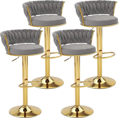 VECELO Bar Stools Set of 4, Adjustable Barstools Counter Height Stools with Back and Arm, Velvet Woven Kitchen Island Stools w/Gold Metal Leg & Base, 360° Swivel Bar Chair, Light Grey
