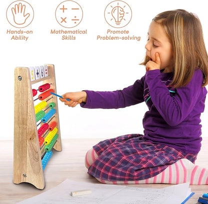 Wooden Abacus for Kids Math - 10 Row Bead Counting Frame with Counting Sticks & Number Alphabet Cards, Learn Counting, Educational Gift for Toddlers, Preschoolers - Ideal for Home, School & Daycare