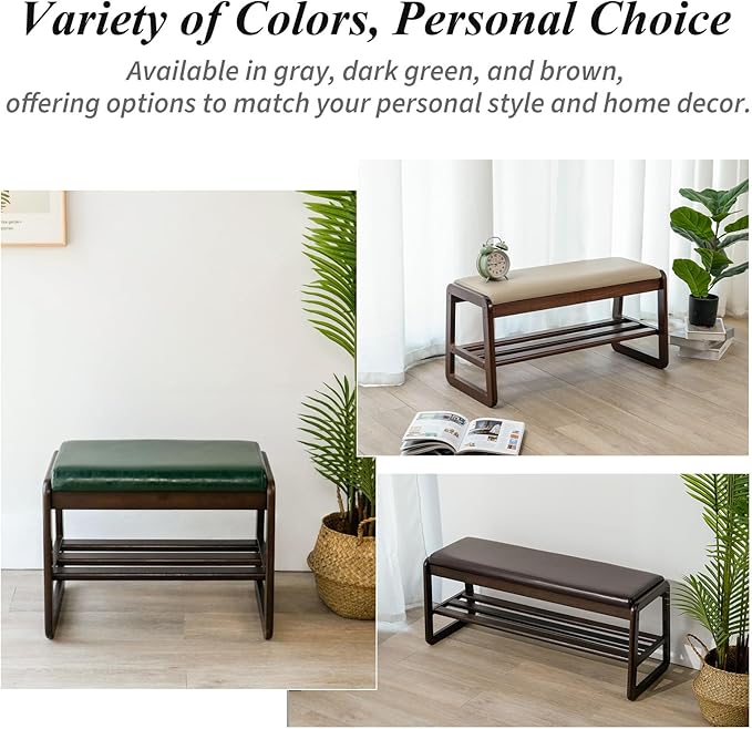 Shoe Bench, Entryway Bench with Leather Cushion, Solid Wood Shoe Rack, Mid Century Modern Bench, Shoe Storage, Shoe Organizer for Entryway (Green, 31.5" W)