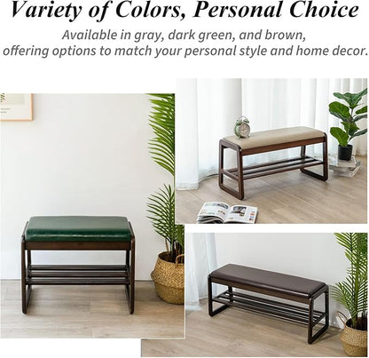 Shoe Bench, Entryway Bench with Leather Cushion, Solid Wood Shoe Rack, Mid Century Modern Bench, Shoe Storage, Shoe Organizer for Entryway (Grey, 21.7" W)