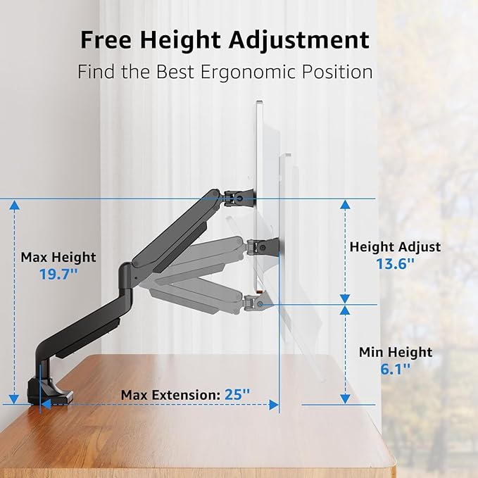 MOUNTUP Single Monitor Mount fits 49 45 44 43 42 40 39 37 34 inch Ultrawide Screen, Holds 6.6-33lbs, Computer Monitor Arm Desk Mount, Heavy Duty Gas Spring Monitor Stand with C-clamp/Grommet Base