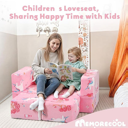 MeMoreCool Modular Kids Couch, Glow Play Toddler Couch for Bedroom Playroom, Convertible Foam Kids Sofa Bed, Fold Out Baby Sofa for Girl Boy, Pink Fairy