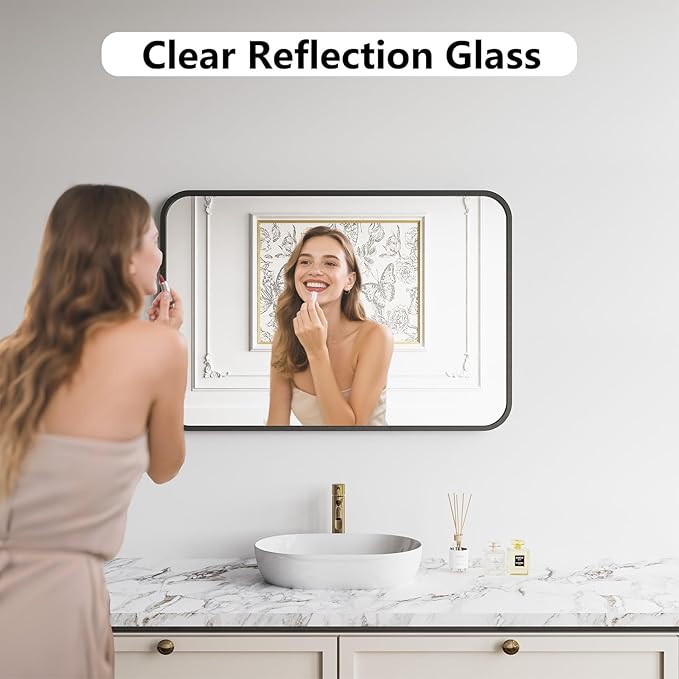 Koonmi Bathroom Mirror, 26X38 Brushed Black Rectangle Wall Mirror, HD Tempered Glass, Anti-Rust Frame Vanity Mirror, Rounded Rectangle Mirror for Restroom, Bedroom, Hangs Horizontal or Vertical