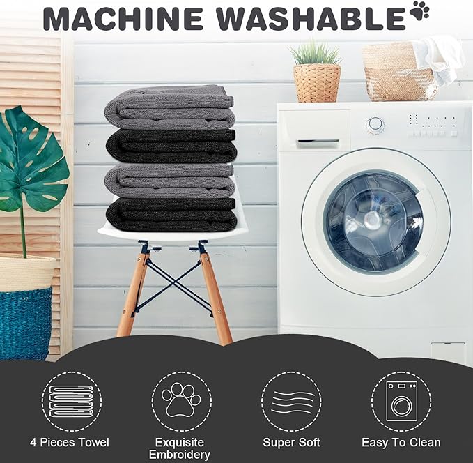 Chumia 4 Pack Dog Towels for Drying Large Microfiber Grooming Tools Absorbent Soft Bath Supplies with Embroidered Paw for Small Medium Pet Products(16 x 32 Inch,Gray, Black)