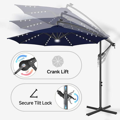 Solar Offset Patio Umbrella - 10 FT Solar Cantilever Umbrella Outdoor with 40 LED Lights and Cross Base, UV Protection for Garden, Deck, Backyard, Pool, Porch, Navy Bluery