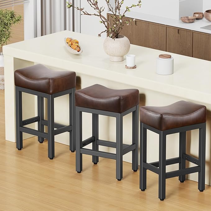 Counter Height Bar Stools Set of 3, 24 Inch Barstools for Kitchen Island Counter, Bonded Leather Kitchen Stools with Thick Saddle Seats & Heavy Duty Metal Base, Easy Assembly, Brown/Black