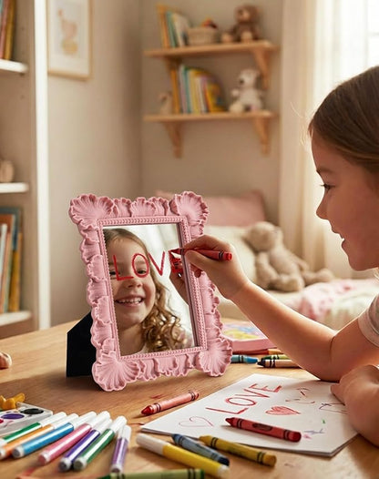 Cute Makeup Mirror Decor for Girl Bedroom Nursery Dorm Playroom, 9.8x7.7 Resin Framed Wall Mirror for Bathroom Hallway Living Room, Gift for Mother's Day Valentine's Day Wedding (Soft Pink)