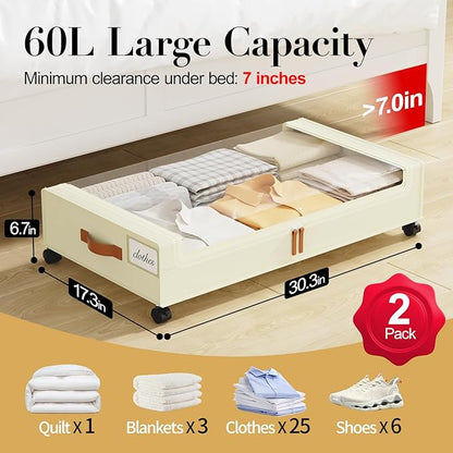 Yecaye Under Bed Storage with Wheels, 2 Pack Under the Bed Storage Containers with Lids & Label, XXL 60L Rolling Underbed Storage Drawers for Clothes, Blankets, Shoes, Beige