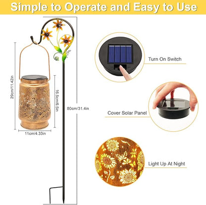 Sunflower Solar Lanterns Outdoor Waterproof, Gifts for Women Mom Grandma Birthday, Metal Hanging Lantern Solar Lights LED Decoration with Shepherd Hook Outside for Yard, Patio, Porch, Garden Decor