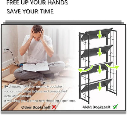 4NM No Assembly 4 Tiers Folding Bookshelf, 47.2" H Foldable Storage Shelves Vintage Bookcase Standing Racks Study Organizer Home Office - All Black