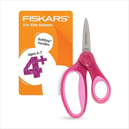 Fiskars 5" SoftGrip Pointed-Tip Glitter Scissors for Kids Ages 4-7, Scissors for School or Crafting, Back to School Supplies, Pink