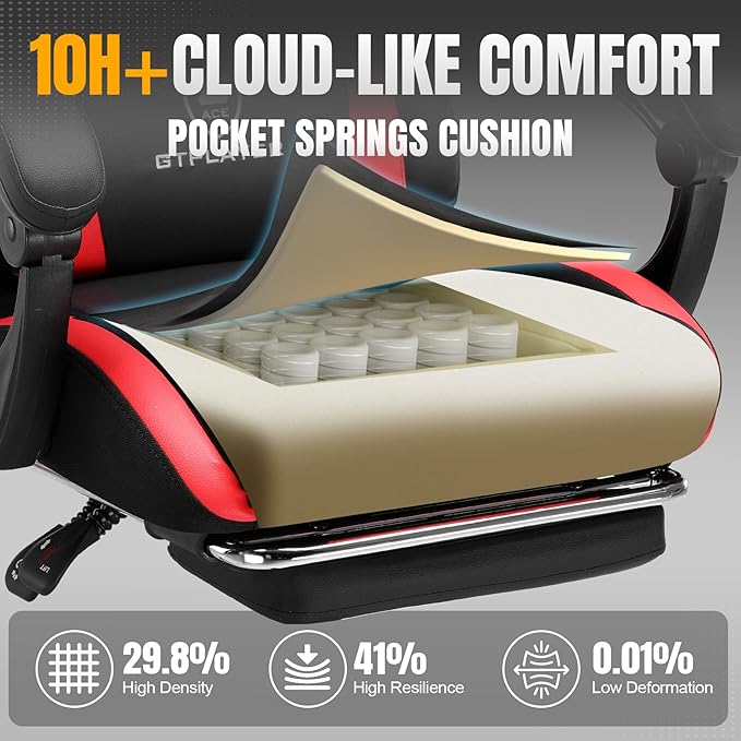 GTRACING Gaming Chair with Foot Rest & Pocket Spring Cushion, Ergonomic High Back Computer Chair with Headrest & 360°-Swivel Seat for Home Office Desk, PU Leather, Red